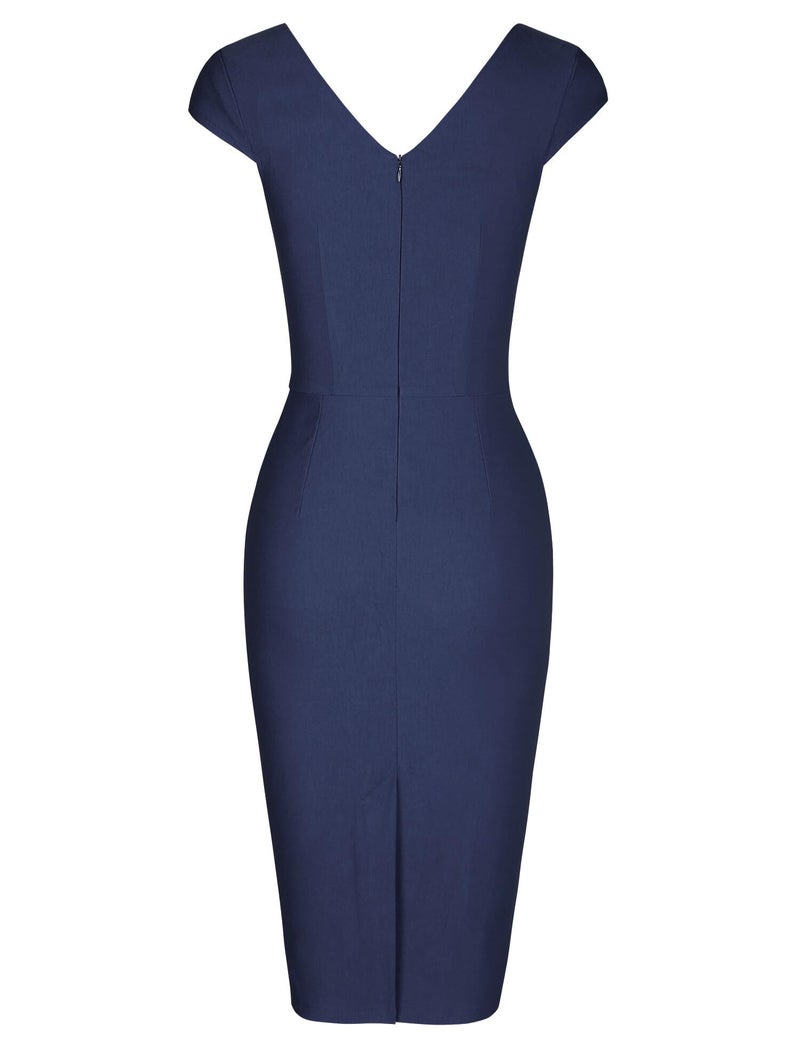 MUXXN Audrey Hepburn 1960s Style Double V-Neck Bodycon Juniors Dress (Blue XL) - Image 4